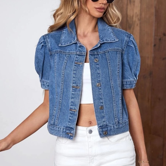 Medium Wash Puff Sleeve Button up Denim Jean Jacket - Picture 4 of 9